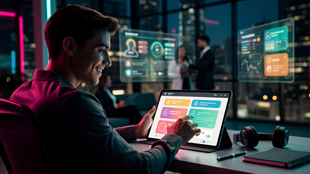 O que é Portal do Aluno e como aplicar na Educação Corporativa — Um colaborador sorrindo enquanto interage com um portal do aluno em um tablet. A interface do portal é intuitiva e moderna, exibindo tr