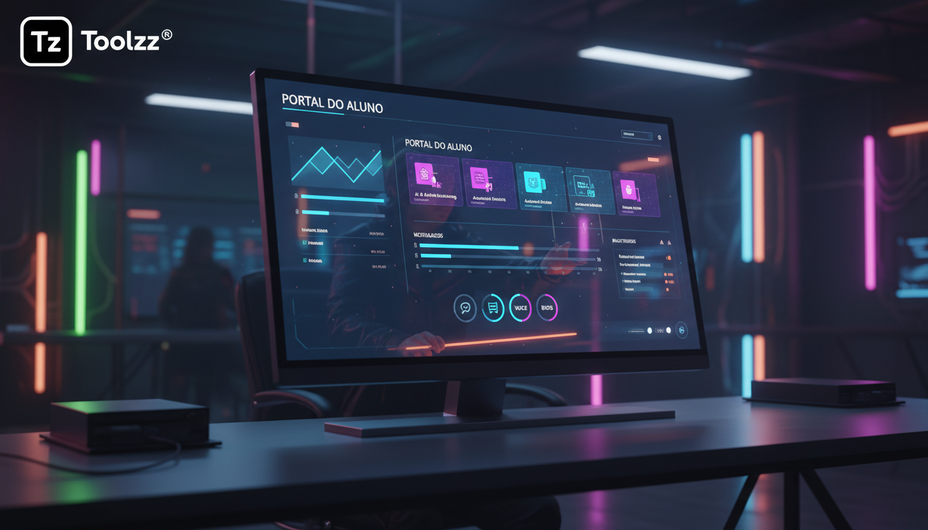 O que é Portal do Aluno e como aplicar na Educação Corporativa — Um dashboard de Portal do Aluno exibido em um monitor widescreen. Gráficos de progresso, lista de cursos, notificações e links rápidos 
