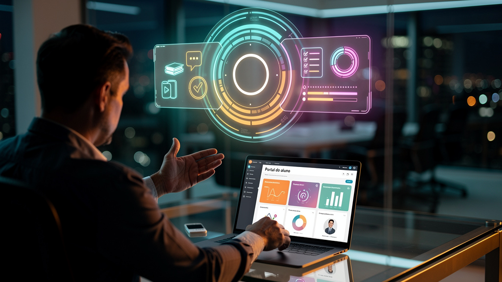 O que é Portal do Aluno e como aplicar na Educação Corporativa — Um infográfico dividido em duas partes para carrossel. Parte superior: Uma representação visual de um hub digital centralizado, com íco