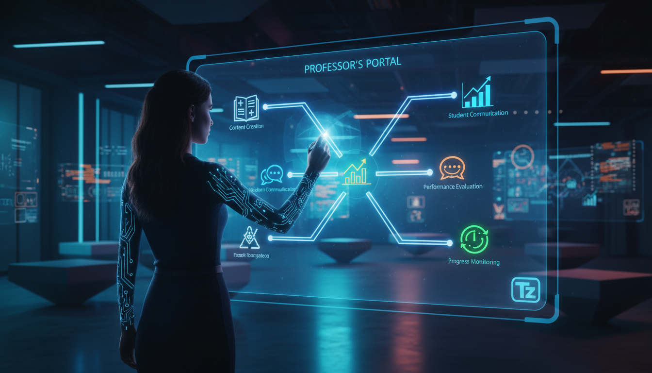 O que é Portal do Professor e como aplicar na Educação Corporativa — Um instrutor em frente a um quadro branco digital, usando uma caneta stylus para desenhar um diagrama de fluxo simplificado que rep