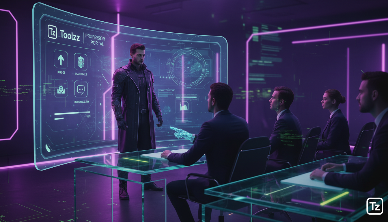 O que é Portal do Professor e como aplicar na Educação Corporativa — Um instrutor em pé em frente a uma tela interativa, demonstrando o uso de um portal do professor para um grupo de colaboradores. A 