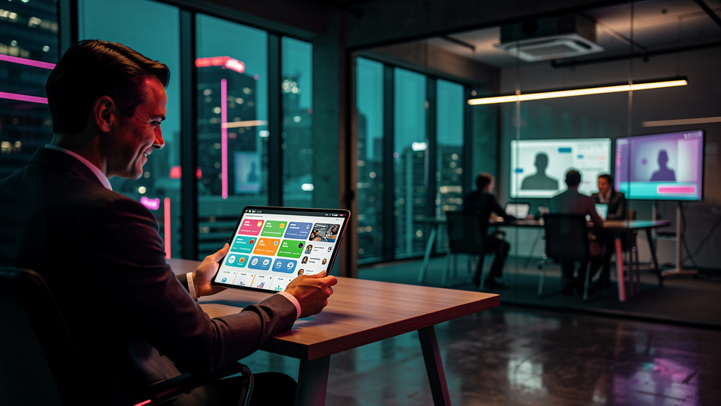 O que é Portal do Professor e como aplicar na Educação Corporativa/EAD — Um professor corporativo usando um tablet em um ambiente de escritório moderno. O tablet exibe a interface do Portal do Profess