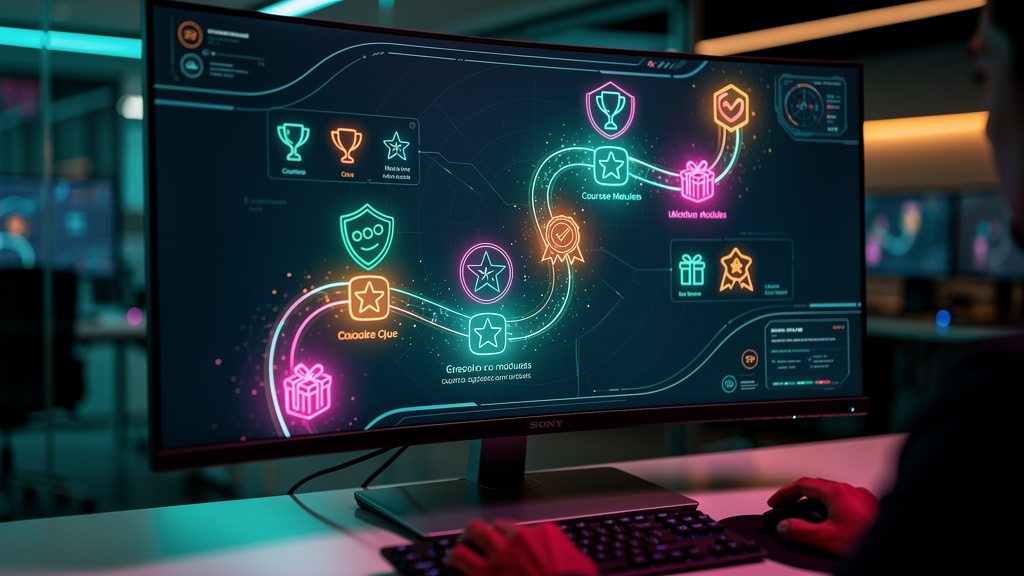 O que é Progresso Visual e como aplicar na Educação Corporativa? — Close-up de uma tela de computador mostrando um mapa de aprendizado gamificado. O mapa exibe um caminho sinuoso com diferentes marcos