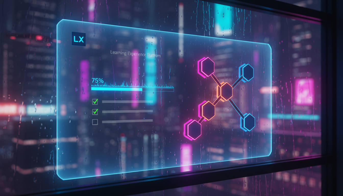 O que é Progresso Visual e como aplicar na Educação Corporativa — Uma tela de computador mostrando uma interface de LXP (Learning Experience Platform) com diversos elementos visuais de progresso: barr