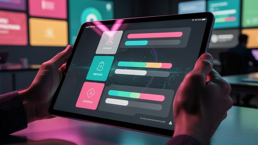 O que é Progresso Visual e como aplicar na Educação Corporativa/EAD? — Close-up de uma tela de tablet mostrando uma interface de aplicativo de EAD. A tela exibe uma trilha de aprendizado com vários mó