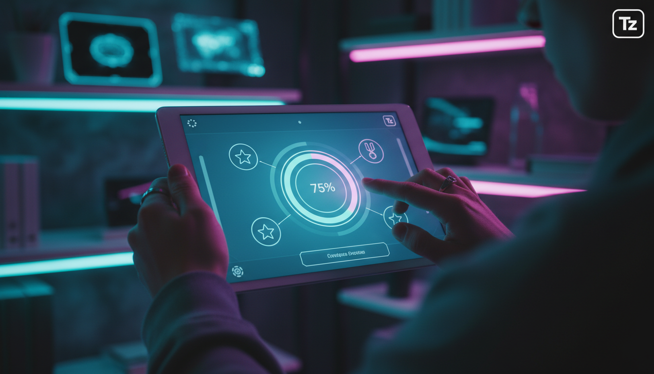 O que é Progresso Visual e Como Aplicar na Educação Corporativa/EAD? — Um close-up das mãos de um aluno interagindo com um tablet. A tela do tablet mostra uma interface de usuário limpa e intuitiva, c