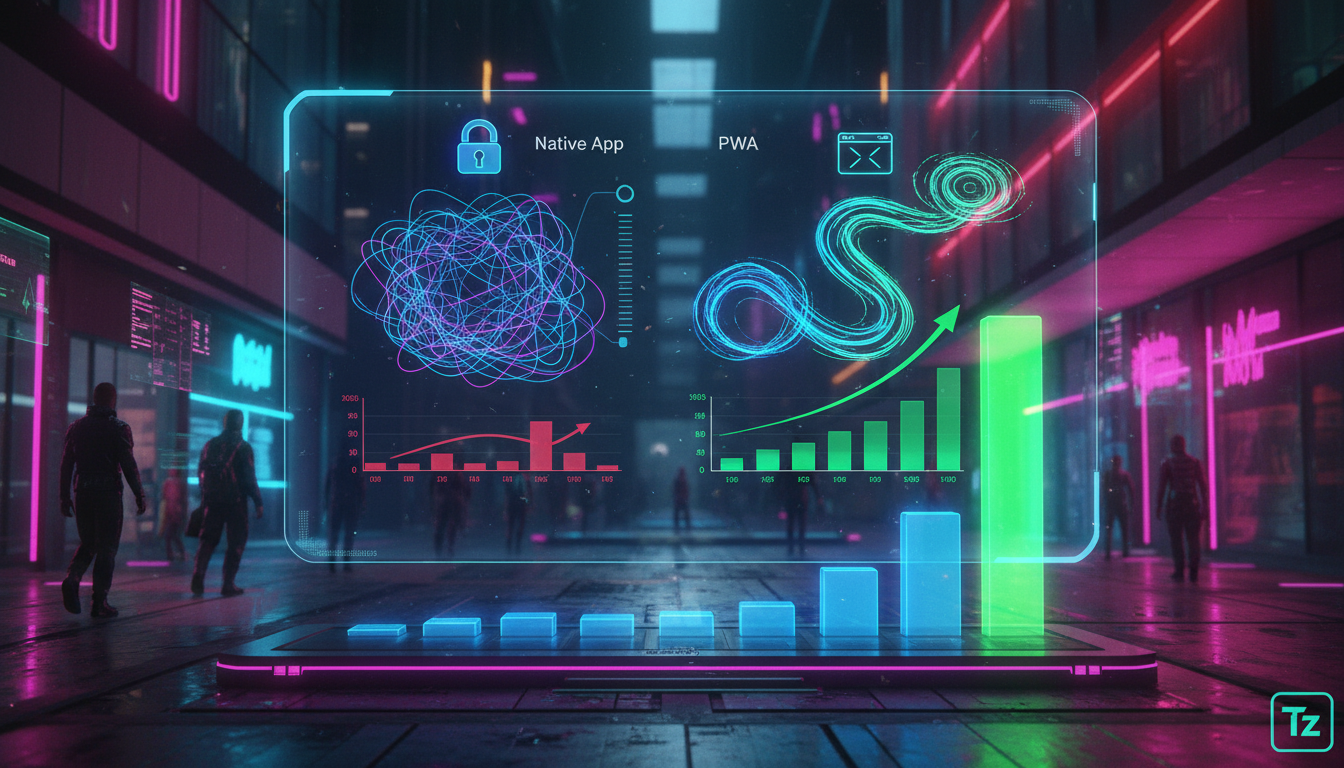 O que é PWA e como aplicar na Educação Corporativa? — Infográfico em duas partes para carrossel do Instagram. Parte superior: Diagrama visual comparando o desenvolvimento de um aplicativo nativo tradi