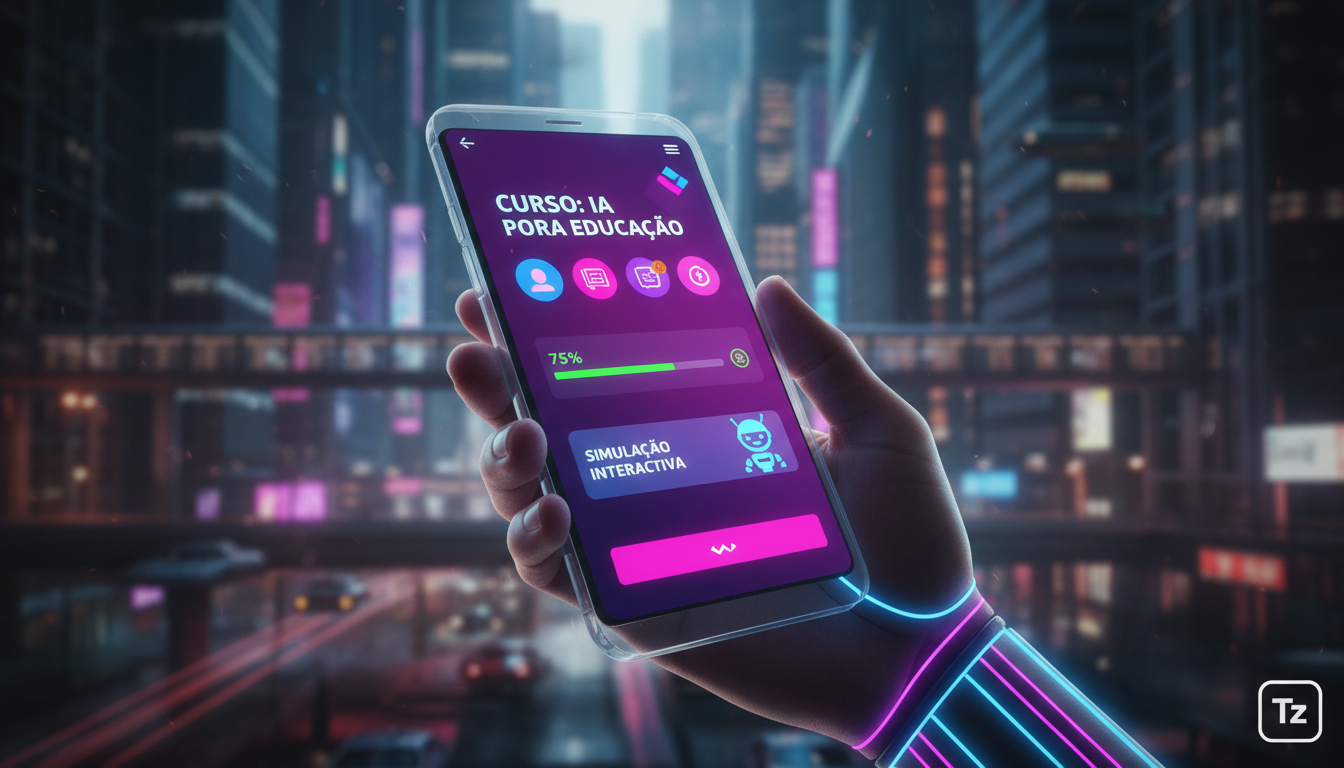 O que é PWA e como aplicar na Educação Corporativa — Uma tela de smartphone exibindo uma PWA de educação corporativa, com uma interface intuitiva e colorida. A aplicação mostra um curso interativo com