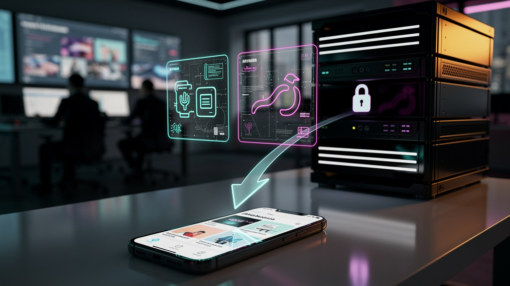 O que é PWA e como aplicar na Educação Corporativa/EAD — Um diagrama visual que demonstra o fluxo de dados em um PWA. No bloco superior, um smartphone mostra a tela inicial com o ícone de um aplicativ