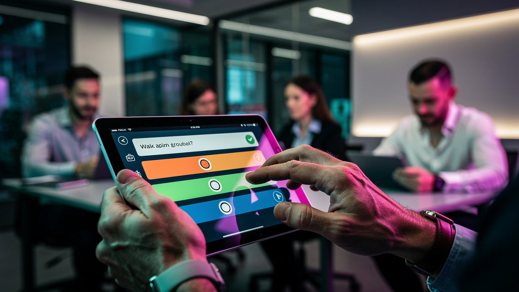O que é Quiz e Avaliações e como aplicar na Educação Corporativa — Close-up de duas mãos digitando em um tablet durante um quiz corporativo. A tela do tablet exibe uma pergunta de múltipla escolha com