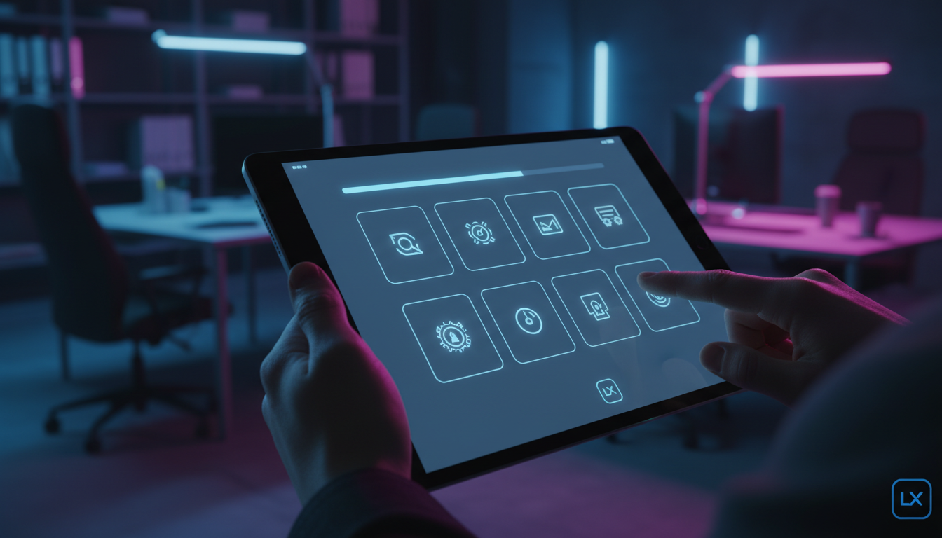 O que é Quiz e Avaliações e como Aplicar na Educação Corporativa? — Um close-up de um tablet sendo usado em um ambiente de escritório moderno. A tela do tablet exibe uma interface de quiz com design l
