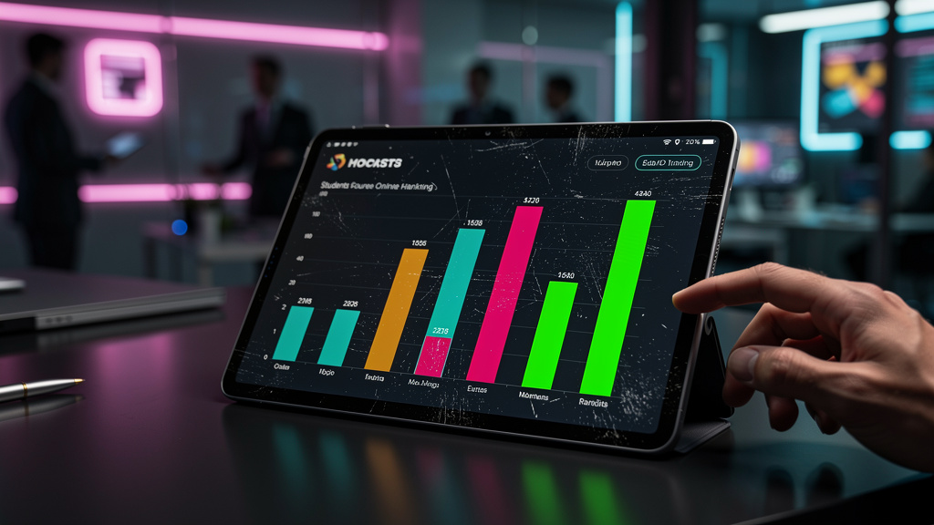 O que é Ranking de Alunos e como aplicar na Educação Corporativa/EAD — Close-up de uma tela de tablet mostrando um gráfico de barras representando o ranking dos alunos em um curso online. A interface 