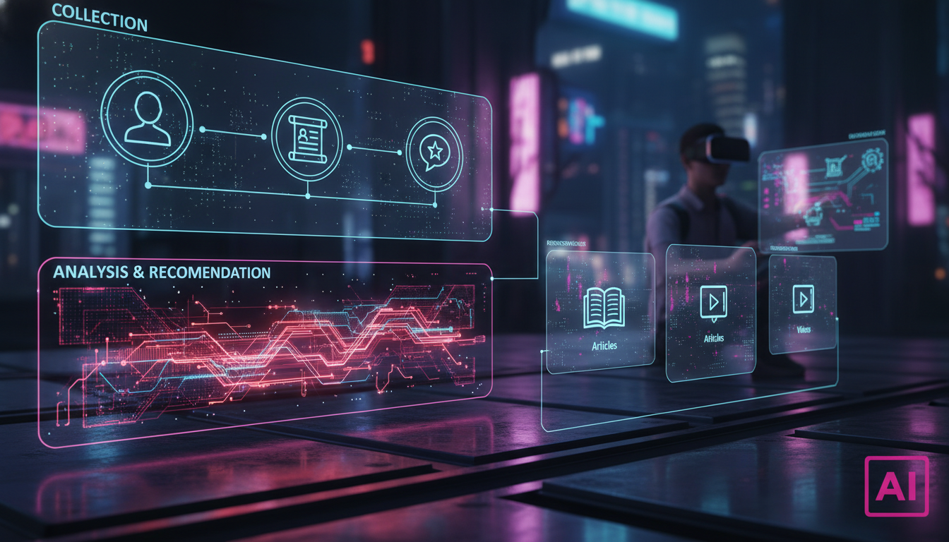 O que é Recomendação de Conteúdo com IA e como aplicar no EAD? — Um diagrama de fluxo em estilo de infográfico, dividido em duas partes horizontais para funcionar como carrossel no Instagram. Parte su