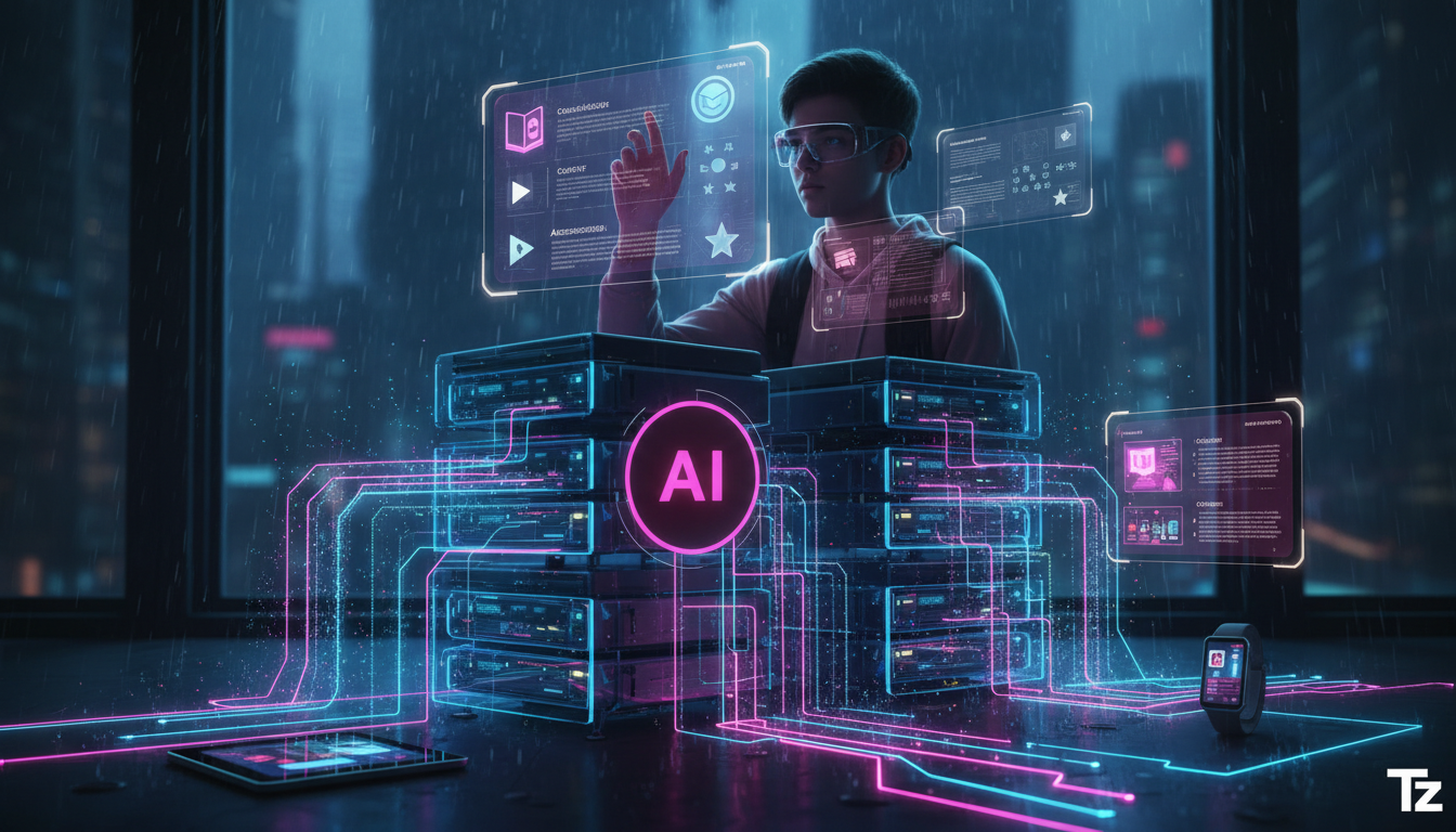 O que é Recomendação de Conteúdo com IA e como aplicar no EAD — Um diagrama infográfico mostrando o fluxo de dados em um sistema de recomendação de conteúdo com IA. No bloco superior, um usuário inter