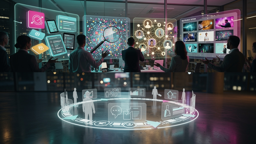 O que é Recomendação de Conteúdo com IA na Educação Corporativa? — Um infográfico dividido em duas partes (superior/inferior para carrossel Instagram). Parte superior: Diagrama de fluxo mostrando o pr