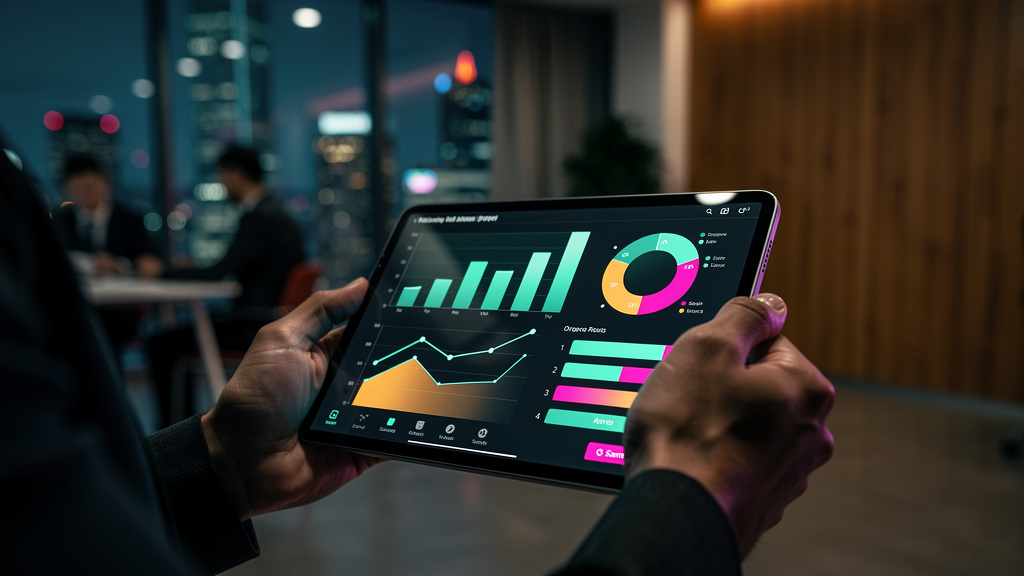 O que é Relatórios de Progresso e como aplicar na Educação Corporativa? — Um close-up das mãos de um funcionário usando um tablet. A tela do tablet exibe um relatório de progresso detalhado com gráfic