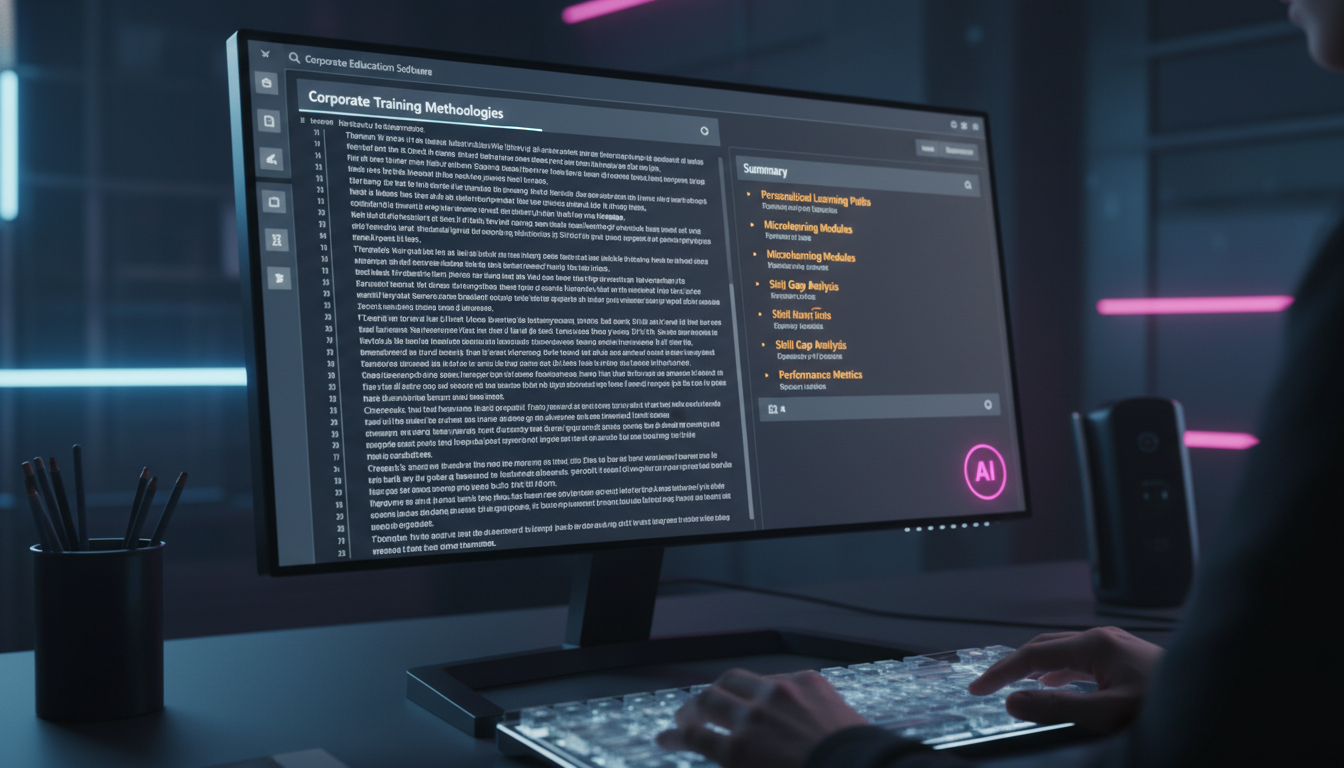 O que é Resumo de Aulas com IA e Como Aplicar na Educação Corporativa? — Close-up de uma tela de computador mostrando um software de Resumo de Aulas com IA em ação. O software exibe o texto da aula or
