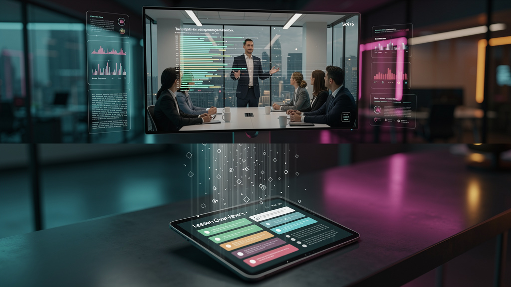 O que é Resumo de Aulas com IA e como aplicar na Educação Corporativa? — Um diagrama de fluxo que ilustra o processo de resumo de aulas com IA. No primeiro bloco (superior), uma tela de computador exi