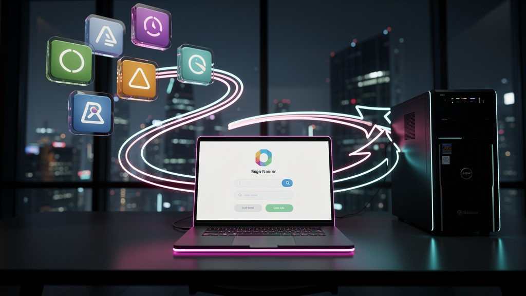 O que é SSO / Login Único e como aplicar na Educação Corporativa? — Diagrama visual simplificado do processo de SSO. No centro, um computador com a tela exibindo uma interface de login unificada com o