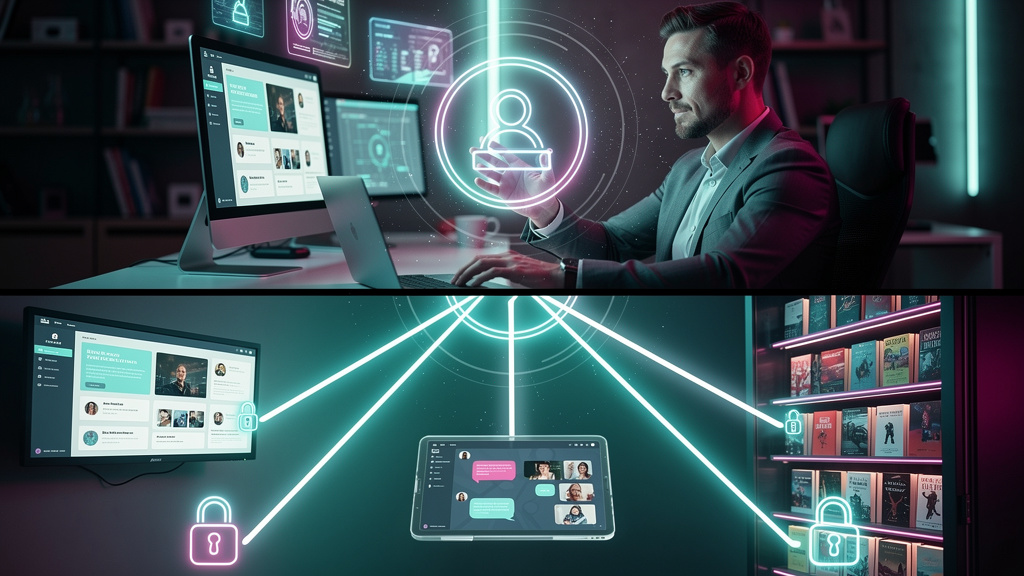 O que é SSO / Login Único e como aplicar na Educação Corporativa/EAD — Diagrama visual do processo de SSO. No centro, um usuário estilizado clica em um ícone de 'Login Único'. Setas ramificam-se para 