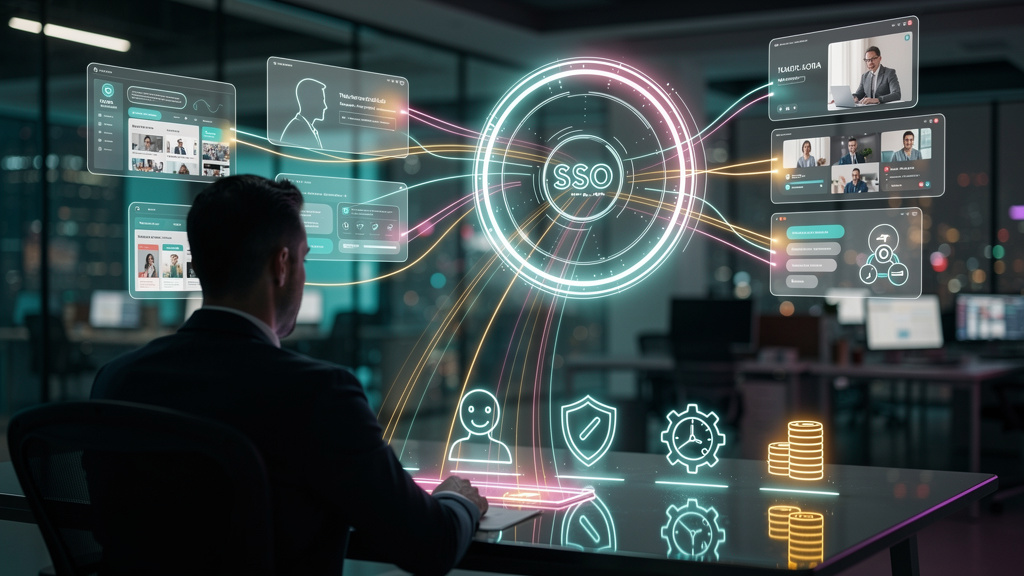 O que é SSO / Login Único e como aplicar na Educação Corporativa/EAD — Infográfico em duas partes para carrossel no Instagram. Parte superior: Diagrama visual mostrando um usuário (avatar amigável) ac
