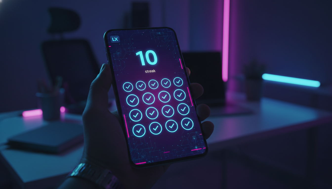 O que é Streak de Estudo e como aplicar na Educação Corporativa/EAD — Um close-up fotorrealista de uma tela de aplicativo de celular mostrando um 'Streak de Estudo' em andamento. O aplicativo exibe um