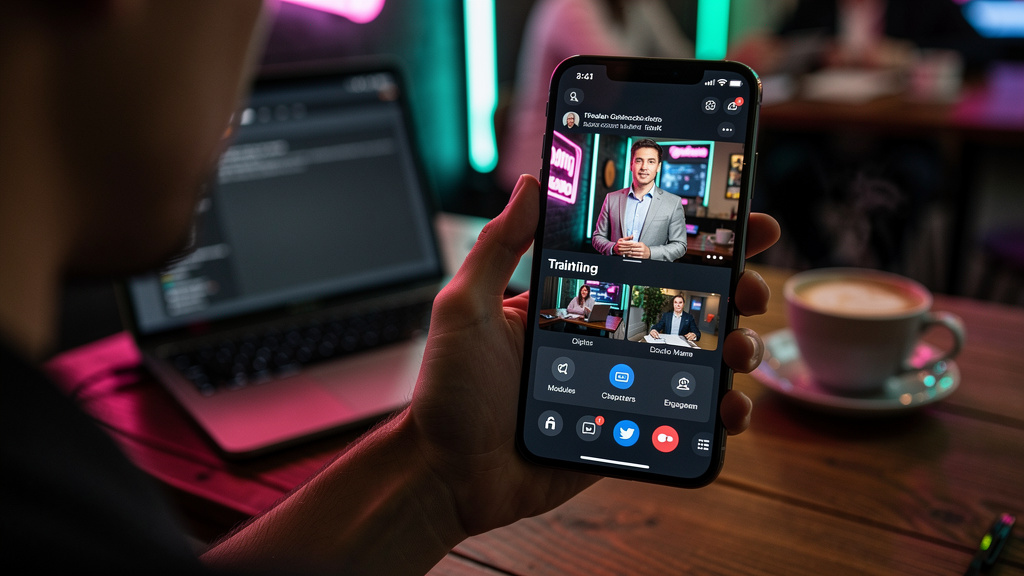 O que é Streaming de Vídeo e como aplicar na Educação Corporativa — Close-up de um smartphone exibindo um vídeo de treinamento da Toolzz LXP. A interface do aplicativo é visível, mostrando opções de n