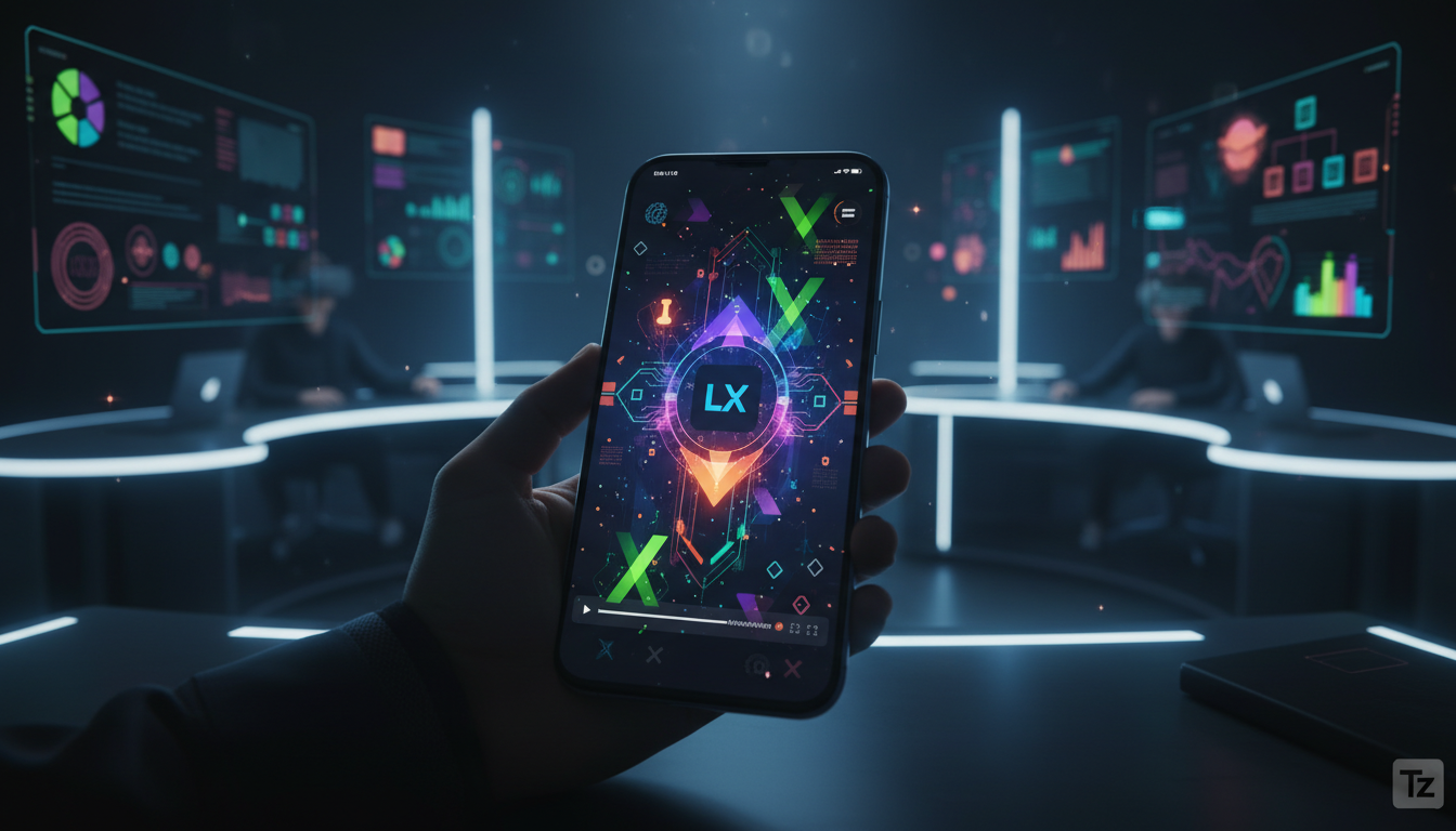 O que é Streaming de Vídeo e como aplicar na Educação Corporativa — Um close-up de um smartphone mostrando um vídeo de treinamento em streaming. A tela do smartphone exibe gráficos coloridos e envolve