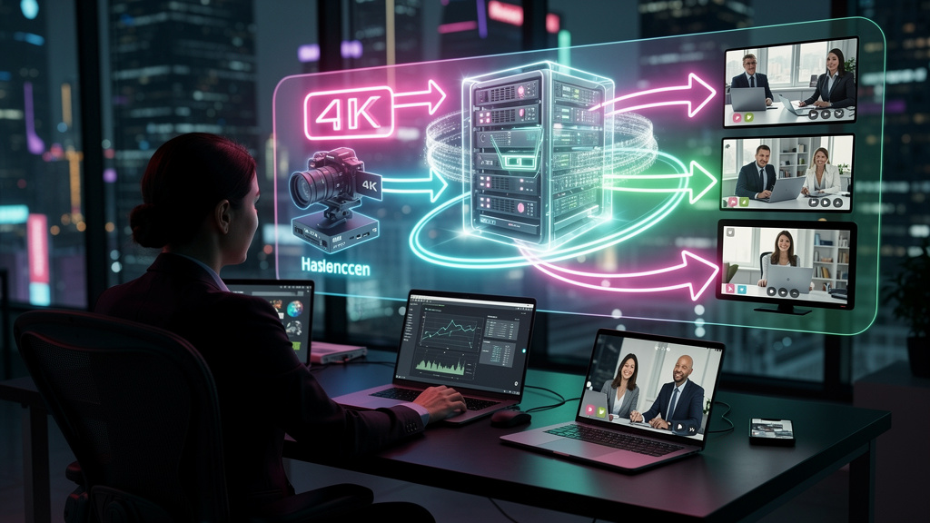 O que é Streaming de Vídeo e como aplicar na Educação Corporativa? — Um diagrama de fluxo visualmente atraente mostrando o processo de streaming de vídeo: codificação, servidor, envio de pacotes e rep
