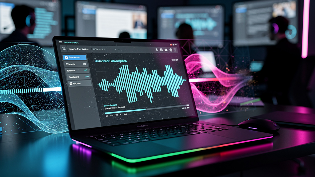 O que é Transcrição Automática e como aplicar na Educação Corporativa? — Close-up de uma tela de computador mostrando um software de transcrição automática em ação. A interface exibe um arquivo de áudi