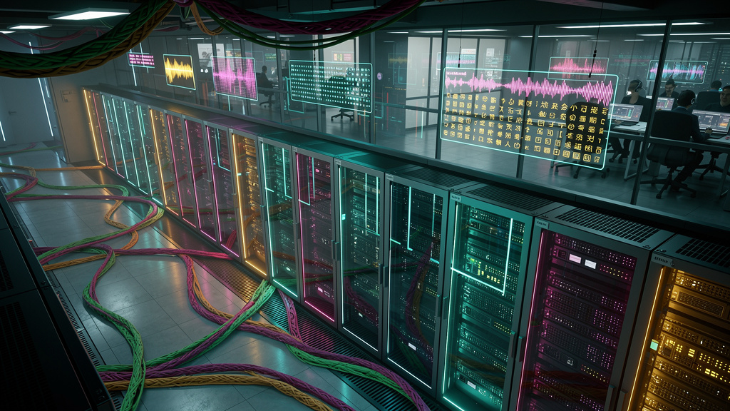 O que é Transcrição Automática e como aplicar na Educação Corporativa — Ilustração isométrica de um data center com servidores que processam sinais de áudio e os transformam em texto. Cabos coloridos 