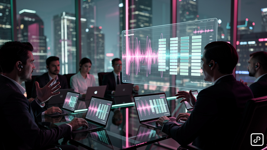 O que é Transcrição Automática e como aplicar na Educação Corporativa? — Stylized digital illustration of sound waves transforming into text characters, flowing from a microphone into a document on a