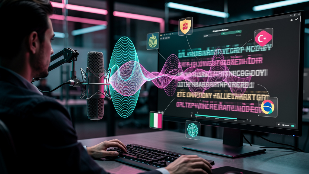 O que é Transcrição Automática e como aplicar na Educação Corporativa? — Um diagrama visual mostrando ondas sonoras sendo capturadas por um microfone e transformadas em texto em tempo real em uma tela