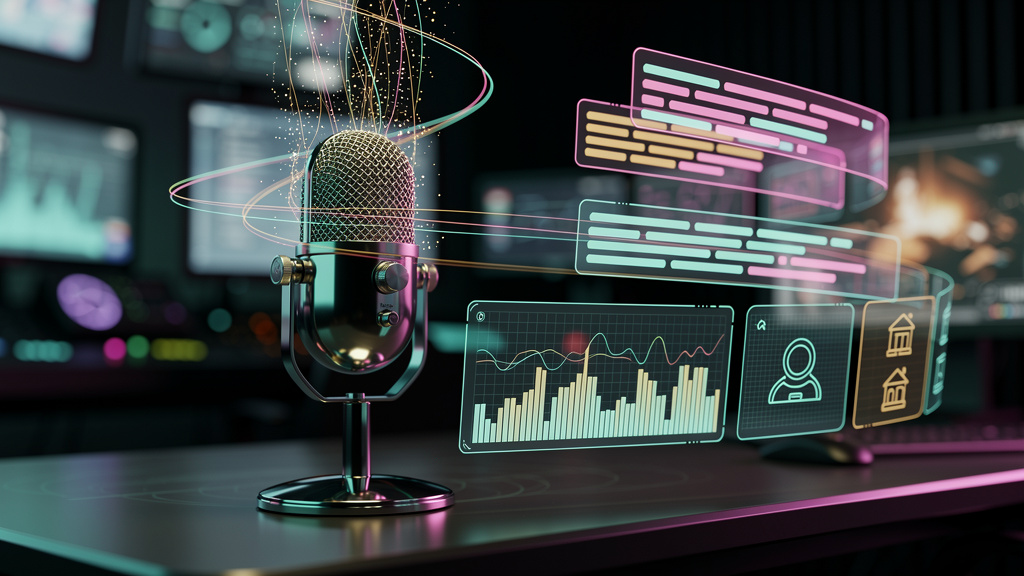 O que é Transcrição Automática e Como Aplicar no EAD? — Uma ilustração digital mostrando um microfone vintage transformando-se em texto digital flutuante. O texto digital forma palavras-chave como 'IA