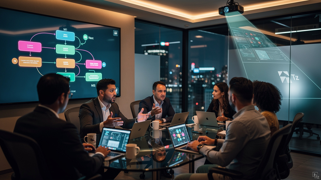 O que é Trilhas de Aprendizagem e como aplicar na Educação Corporativa — Ilustração de um grupo diversificado de funcionários participando de uma sessão de brainstorming em uma sala de reuniões modern