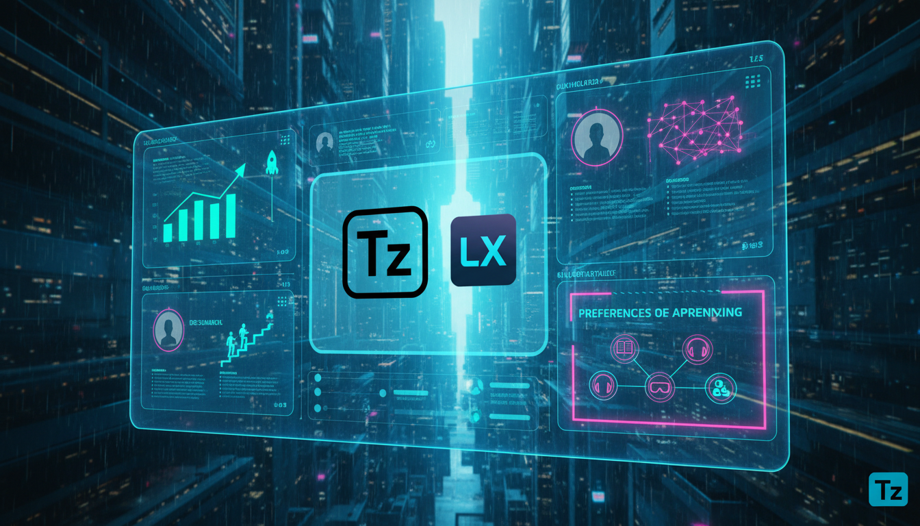 O que é Trilhas Personalizadas com IA na Educação Corporativa? — Ilustração digital de um painel de controle de IA estilizado, com várias janelas mostrando dados de diferentes alunos. Cada janela exib