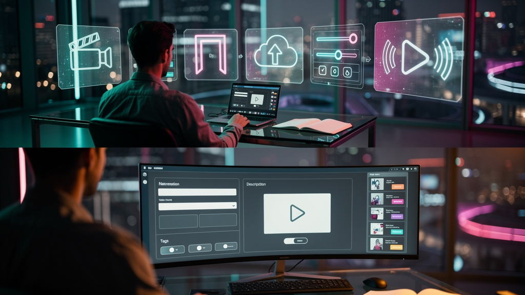 O que é Upload de Vídeo e como aplicar na Educação Corporativa — Infográfico dividido em dois blocos (superior/inferior) para carrossel no Instagram. Bloco superior: Fluxograma mostrando o processo de