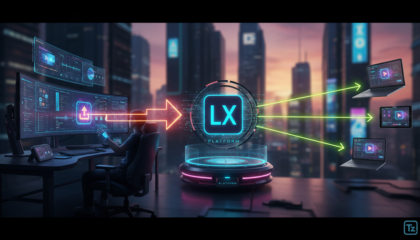 O Que É Upload de Vídeo e Como Aplicar na Educação Corporativa — Um diagrama de fluxo ilustrando o processo de upload de vídeo para a Toolzz LXP. O diagrama começa com um computador mostrando um softw