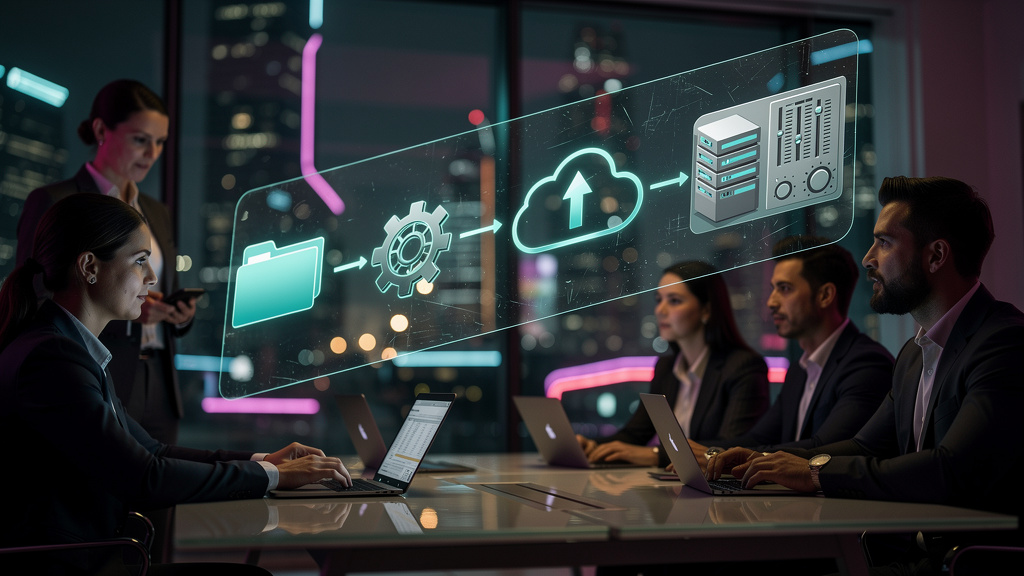 O que é Upload de Vídeo e Como Aplicar na Educação Corporativa? — Um diagrama de fluxo moderno e minimalista ilustrando o processo de upload de vídeo: 1) Seleção do arquivo (ícone de pasta), 2) Proces