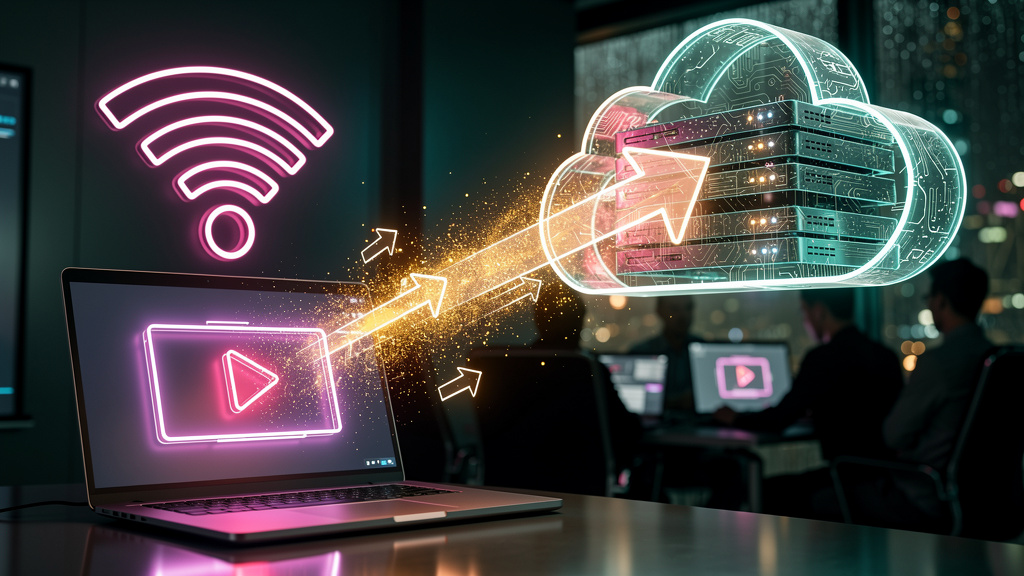 O que é Upload de Vídeo e como aplicar na Educação Corporativa/EAD — Um diagrama de fluxo simplificado mostrando o processo de upload de vídeo: um ícone de computador enviando um arquivo de vídeo atra