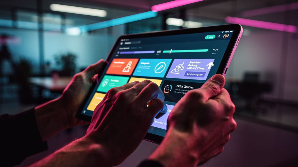 O que é Upsell Automático e como aplicar na Educação Corporativa? — Um close-up das mãos de um aluno utilizando um tablet. A tela do tablet exibe uma interface de um LMS (Learning Management System) c