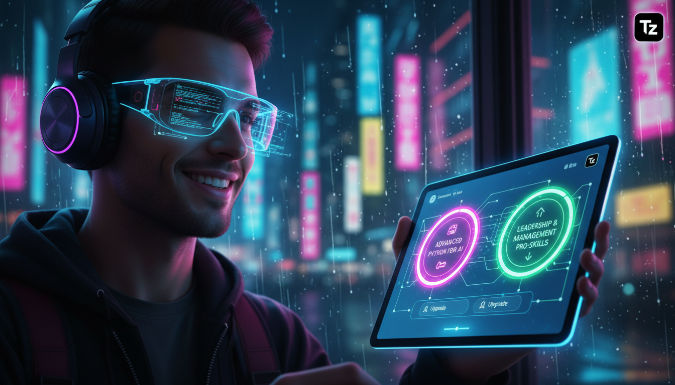 O que é Upsell Automático e como aplicar na Educação Corporativa/EAD — Um aluno de EAD sorrindo, usando óculos e fones de ouvido, interagindo com uma plataforma de aprendizado online em um tablet. A t