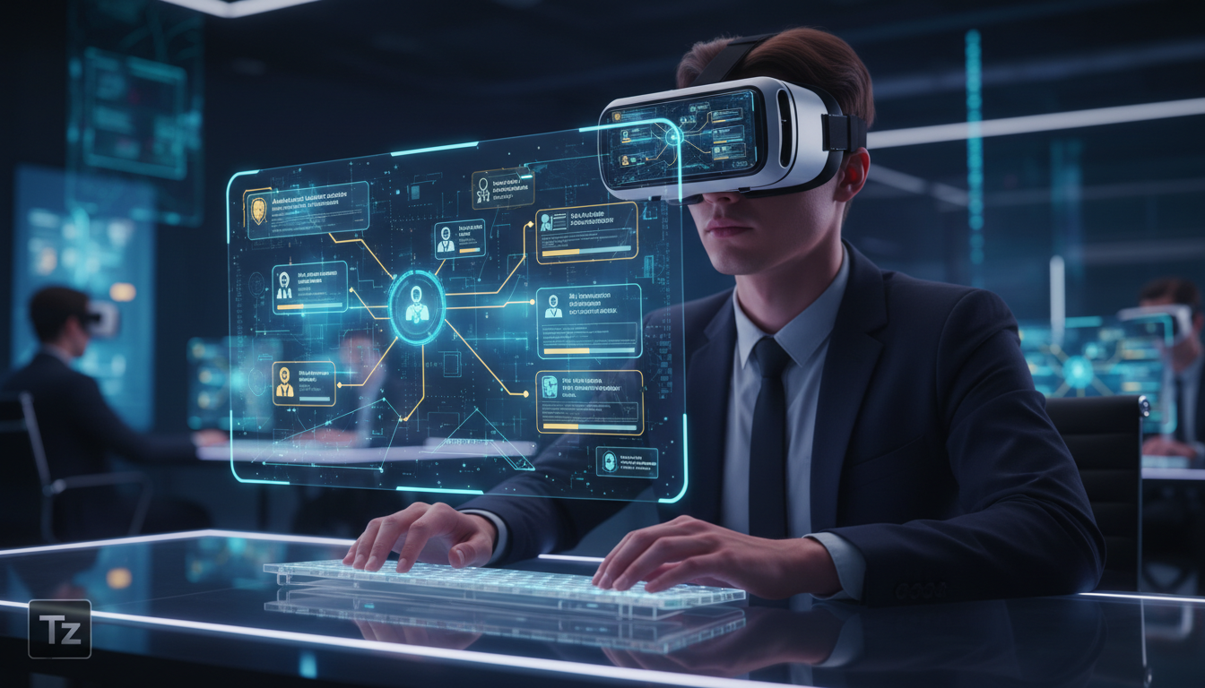 O que é Upsell Automático e como aplicar na Educação Corporativa/EAD? — Um aluno usando óculos VR em um ambiente de aprendizado corporativo simulado. O reflexo nas lentes mostra um painel com diversas