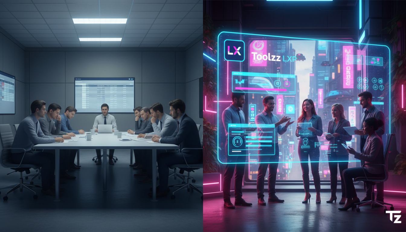 O que é Venda de Cursos e como aplicar? — A split-screen illustration. On the left, a traditional corporate training room with bored-looking employees. On the right, an engaged group of diverse indivi