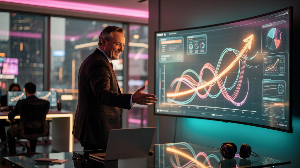 O que é Venda de Cursos e como aplicar no EAD? — Um instrutor de terno, sorrindo e gesticulando em frente a uma tela interativa que exibe um gráfico de crescimento exponencial. A tela interativa está 