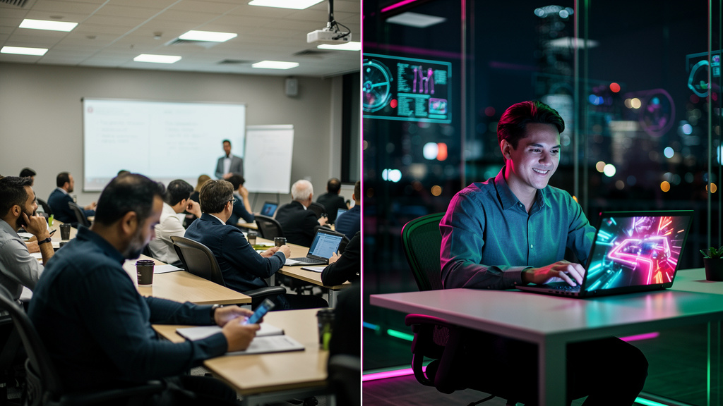 O que é Videoaula e como aplicar na Educação Corporativa — Uma tela dividida mostrando, de um lado, uma sala de aula tradicional e lotada, com alunos desatentos. Do outro lado, um colaborador sorrindo