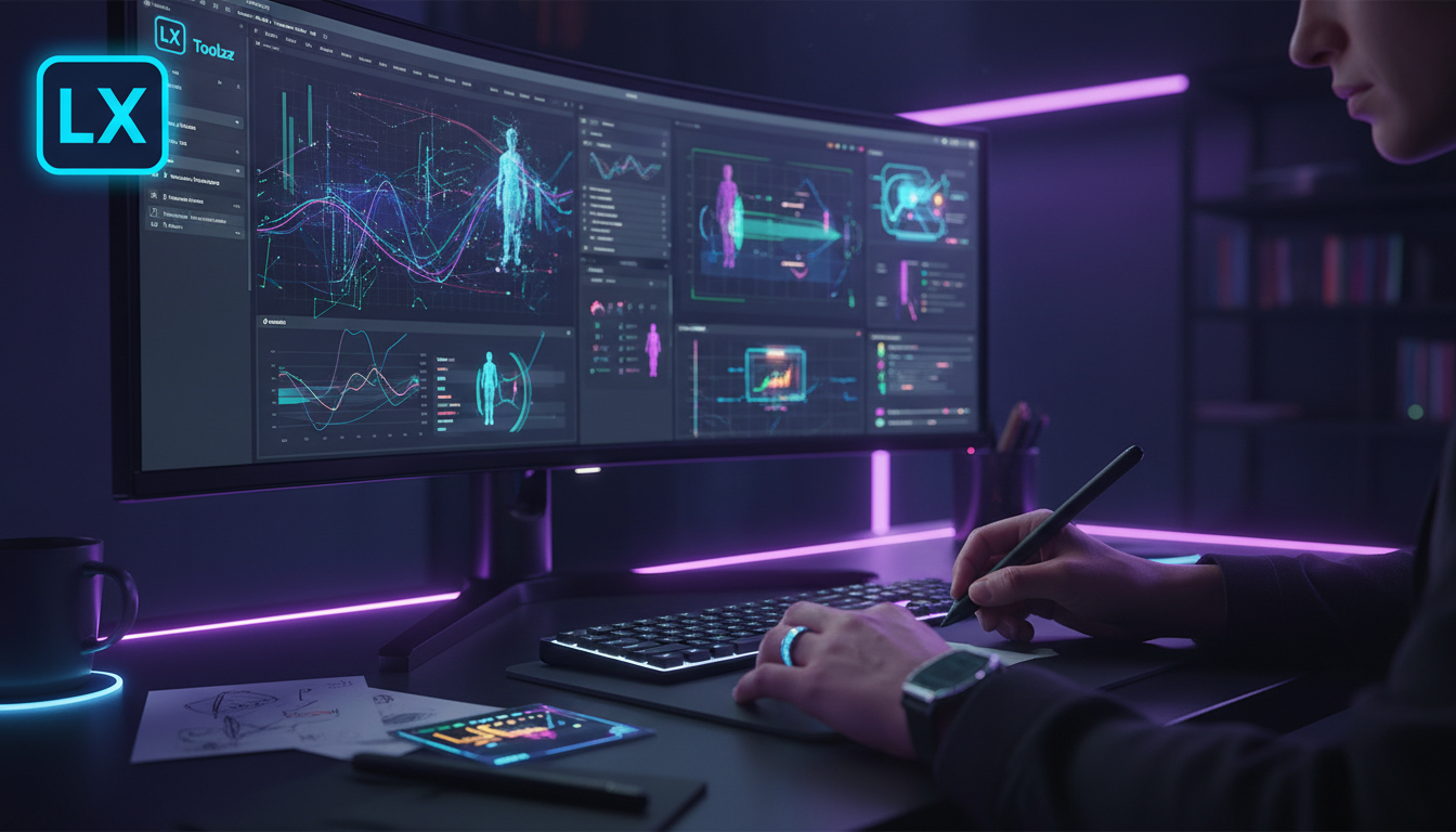O que é Videoaula e como usar na Educação Corporativa — Close-up das mãos de um designer gráfico criando uma animação para uma videoaula em um software com a interface da Toolzz LXP visível na tela do