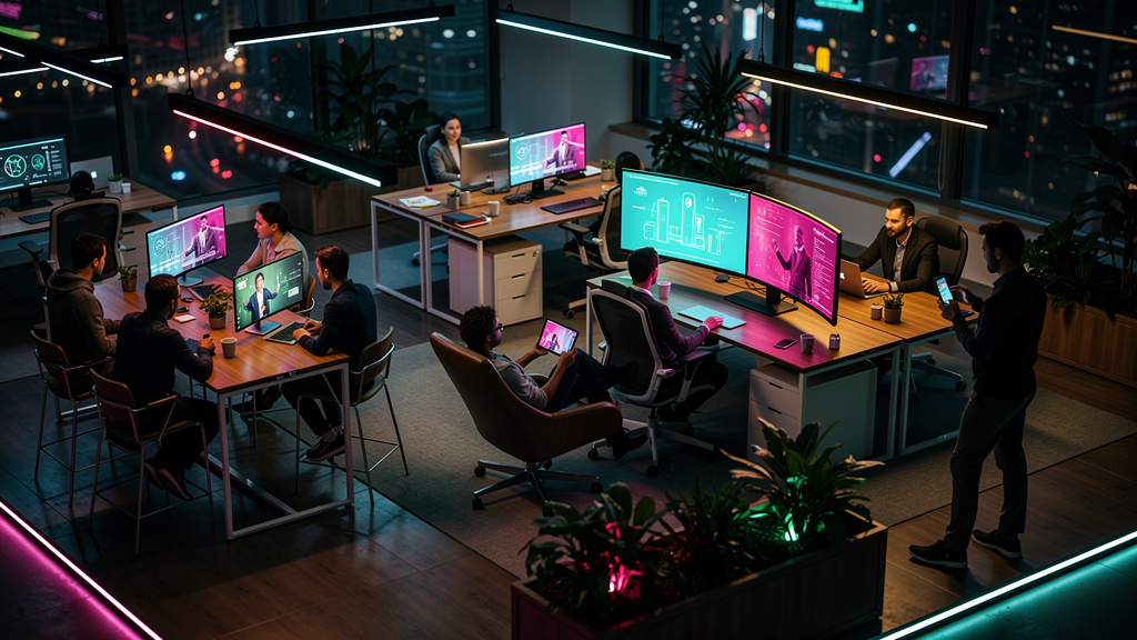 O que é Videoaula e como usar na Educação Corporativa — Ilustração isométrica de um escritório moderno e colaborativo. Vários funcionários assistem a videoaulas em seus laptops, tablets e smartphones,