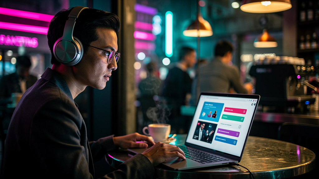 O que é Videoaulas e como aplicar na Educação Corporativa — Um close-up de um profissional usando fones de ouvido e assistindo a uma videoaula em seu laptop em um café movimentado. A tela do laptop mo