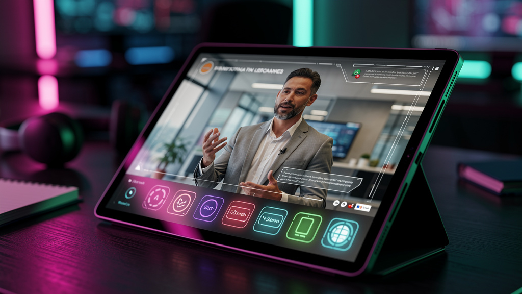 O que é Videoaulas e como aplicar na Educação Corporativa/EAD? — Um close-up de um tablet exibindo uma videoaula interativa. A tela mostra um instrutor gesticulando enquanto explica um conceito comple